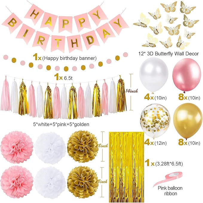 Pink and Gold Birthday Party Decorations for Women with Happy Birthday Banner,Curtains, Butterfly Wall,Circle Dots Garland,Tissue Pompoms,Paper Tassels Garland for Her