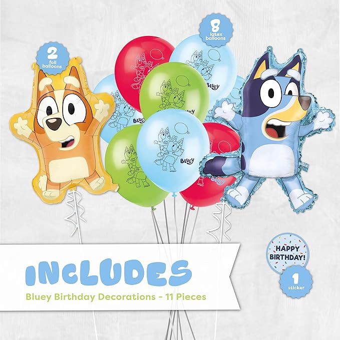 Bingo and Bluey Balloons | 10 Pack | Large 28" Bluey Balloon and 25" Bingo Balloon with 8 Latex Balloons | Sticker | Birthday Decorations and Party Supplies | Officially Licensed