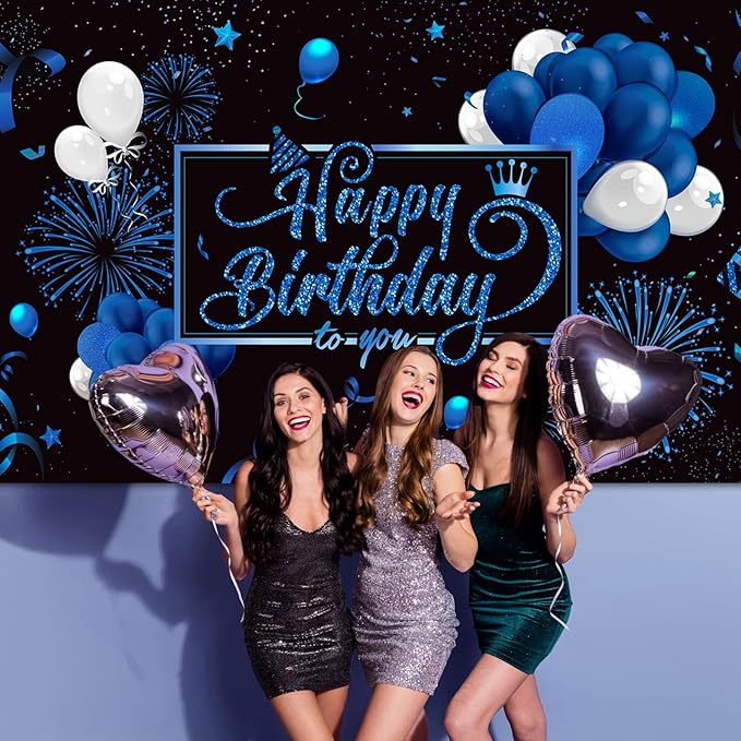Blulu Happy Birthday Backdrop Banner Sign Poster Large Fabric Glitter Balloon Fireworks Sign Photo Backdrop Background for Birthday Party Decoration Supplies, 72.8 x 43.3in (Blue)
