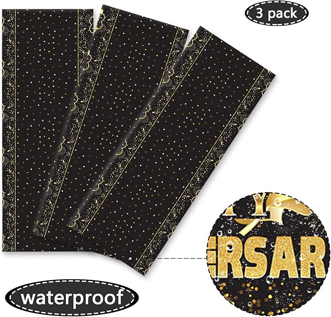 Tevxj 3 Pack Happy Anniversary Tablecloth Disposable Anniversary Party Decorations Black Gold Dot Confetti Table Covers Party Supplies for Rectangle Tables Favors for Guests 54 x 108 Inch