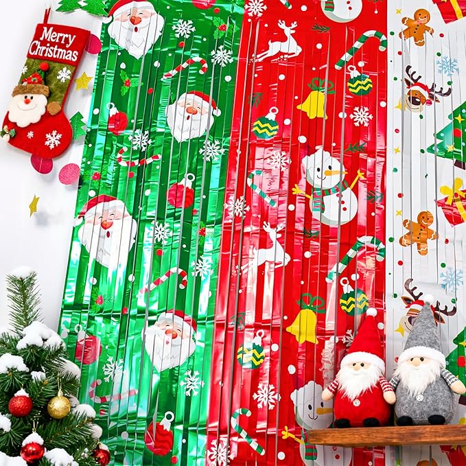 3 Pack Printed Christmas Foil Fringe Curtains, Red Green Tinsel Backdrop with Santa & Reindeer Patterns - Photo Booth Props for Ugly Sweater Party, Christmas in July & Winter Holiday Decor