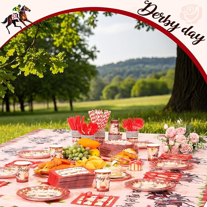 Ceenna 452 Pcs Derby Day Party Supplies for 50 Guests, Run for the Roses Derby Paper Plates Napkins Cups Tablecloth Cutlery Straw Disposable Tableware for Horse Racing Day Party Decorations