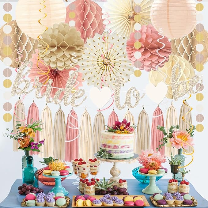 Boho Pink Bridal Shower Decorations, Champagne-Gold Bride To Be Banner Bachelorette Party Decor, Honeycomb Balls, Paper Flowers, Lanterns, Hanging Swirls, Circle Dots Garland for Wedding Shower Party