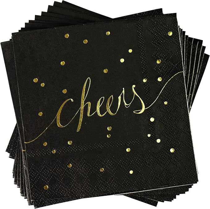 Black & Gold Disposable Party Napkins - 3 Ply, Pack of 100 for Bar, Cocktail, Bachelorette Parties