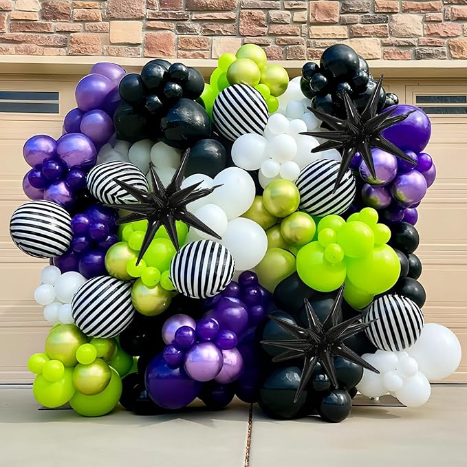 Halloween Balloon Arch Garland Kit, Purple Neon Green Party Decor with Star Spikes & Black and White Stripes Foil Balloons, Black Eyes Green Spooky Balloon for halloween Outdoor Party Decorations