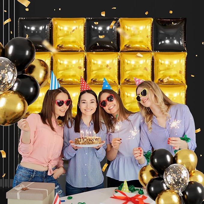 50PCS Black and Gold Square Foil Balloon Wall Backdrop for 2026 New Year Eve Party Decoration, 19'' Double Sided Metallic Balloon Garland Arch Kit for Graduation Anniversary Bachelorette Bridal Decor