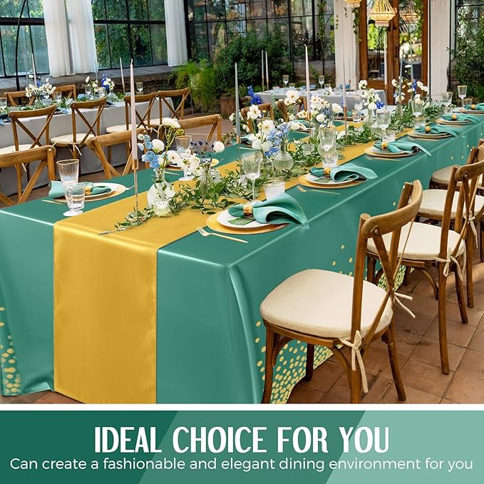 Breling 8 Pack Green and Gold Disposable Plastic Tablecloths and Satin Table Runner Set, 54 x 108 Inch Tablecloth, 12 x 108 Inch Table Runners for Wedding Graduation Birthday Baby Shower New Year