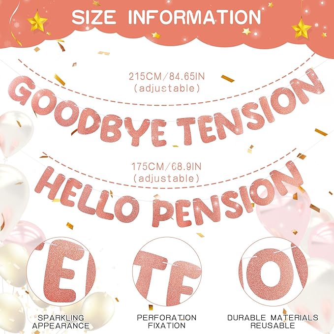 Retirement Banner Pre-Strung GOODBYE TENSION HELLO PENSION Banner Glitter Retirement Party Supplies Decorations for Women Men Office Home Decor (Rose Gold)
