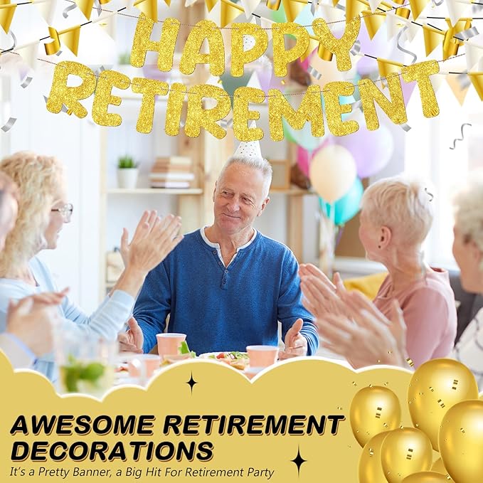 Fulmoon Pre Strung Happy Retirement Banner Glitter Retirement Sign Funny Official Retired Decor Party Decorations Supplies for Men Women Gifts (Gold)