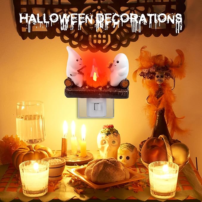 Ghost Campfire Flickering Night Light, Ghosts Campfire Flicker Flame Halloween Nightlight, 3D LED Campfire Night Light, Halloween Nightlight Indoor Figurine Lamps, Easter Basket Stuffers