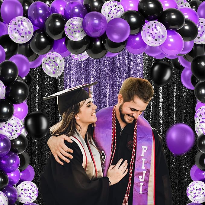 137 Pcs Purple Black Party Backdrop Kits - 4 Sequin Backdrop Curtain 133 Balloon Arch Garland Kit Photo Background for Graduation Birthday Weeding Decor