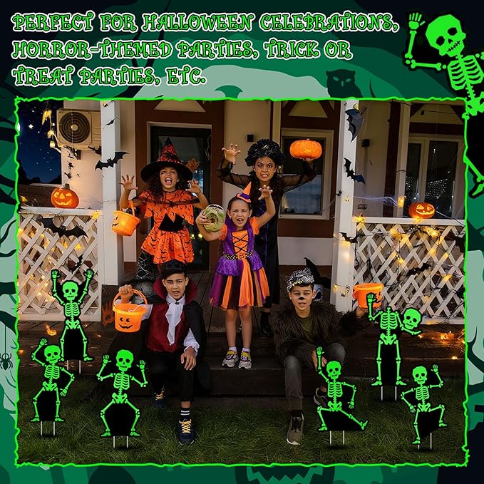 Jetec 8 Pcs Halloween Outdoor Decorations Glow in The Dark Skeleton with Stakes Luminous Halloween Graveyard Decoration Funny Skeleton Yard Signs for Outdoor Lawn Yard Garden