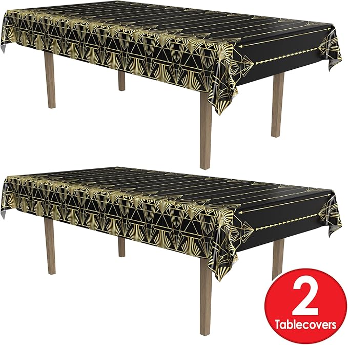Beistle 2-Count Great 1920s Tablecover, Art Deco Decor & Table Decorations for Party, Hollywood Decor, Plastic Black & Gold Plastic Cover, 54" x 108"