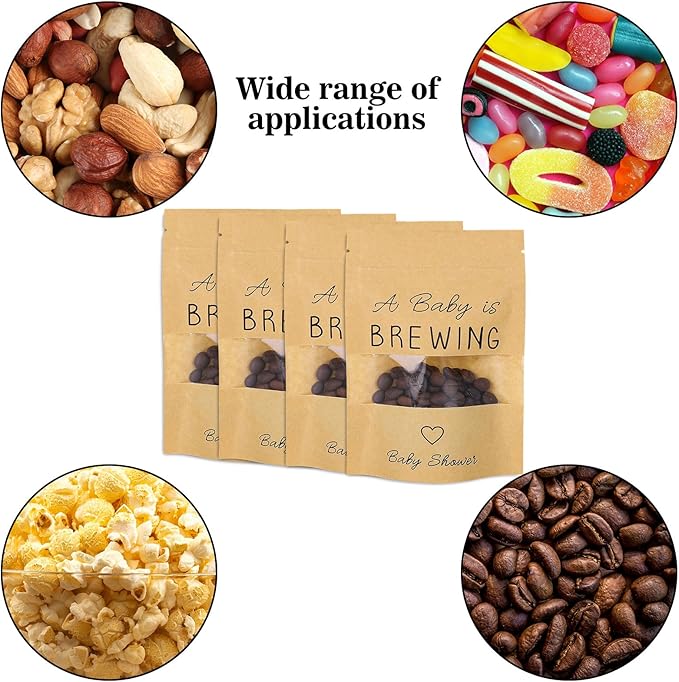 Whaline 50 Pack Kraft Resealable Bags Mini Coffee Baby Shower Favor Bag A Baby is Brewing Stand Up Pouches Bag with Window for Gender Reveal Party Donuts Goodie Candy Gifts Supplies, 3.9 x 5.9 In
