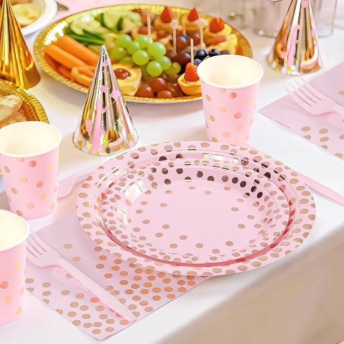Pink and Rose Gold Dots Plates Set for 24 Guests, 168PCS Disposable Dinnerware,Party Supplies Paper Plates Napkins Cups Pink Cutlery for Birthday Baby Shower Wedding Graduation Retirement Anniversary