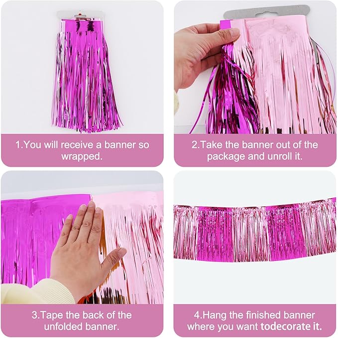 BEISHIDA 3 Packs Metallic Foil Fringe Garland Pink Mix Wall Hanging Tinsel Fringe Banners for Car Floats Birthday Baby Bridal Shower Wedding Graduation Holiday Party Decoration(30 Feet)