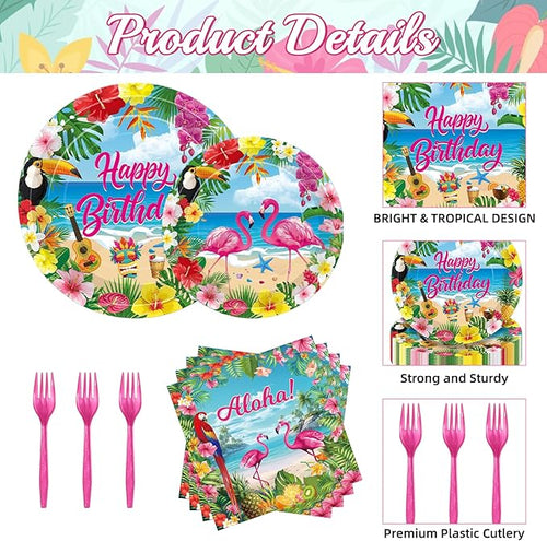 100 Pcs Tropical Aloha Flamingo Birthday Party Supplies Set - Serves 25, Hawaiian Luau Disposable Tableware, Includes Paper Plates, Napkins, Forks for Summer Beach Birthday Pool Decorations