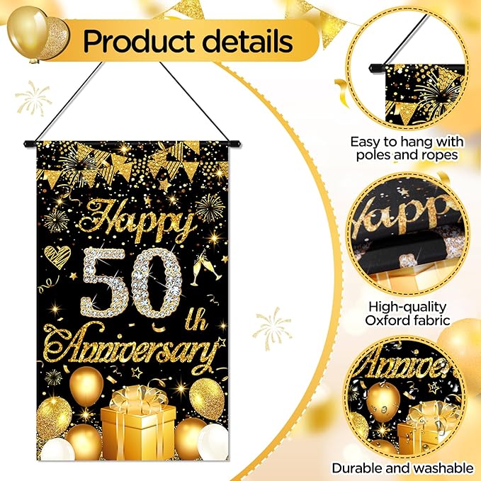 50th Anniversary Decorations Small Banner Black Gold Happy 50th Anniversary Door Hanging Banner Porch Front Door Decor for Women Men 50 Years Silver Wedding Anniversaries Party Cruise Sign Supplies