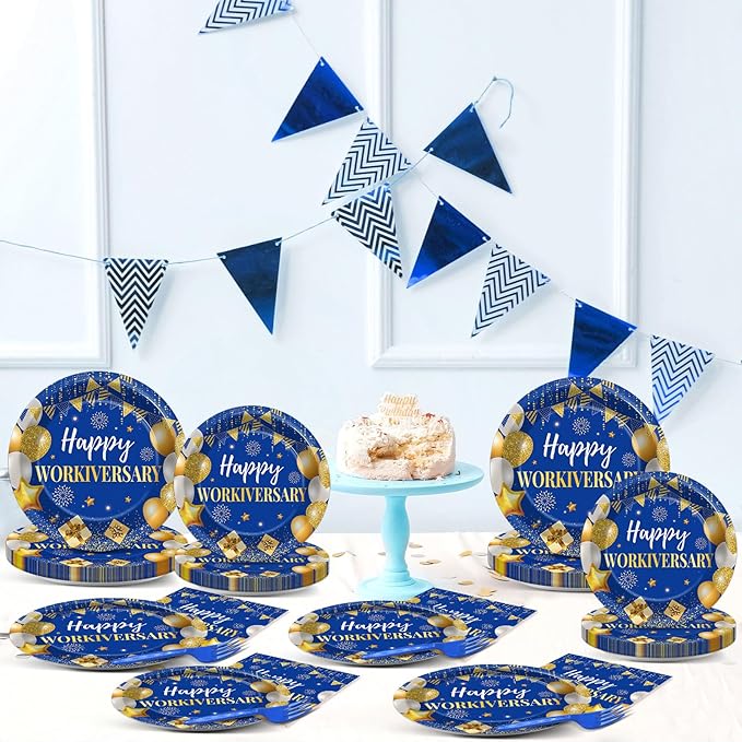 96Pcs Happy Work Anniversary Party Supplies Blue Gold Happy Workiversary Tableware Dinnerware Set Worker Appreciation Plates Napkins Decorations for Women Men Office Employee Worker