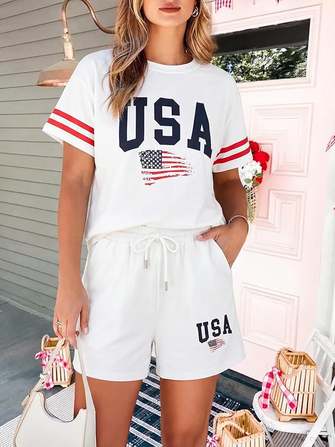 VILOVE 4th of July 2 Piece Sequin Outfits Women 250 Anniversary Usa Shirts and Short Sets Casual Patriotic Shirt Summer Set