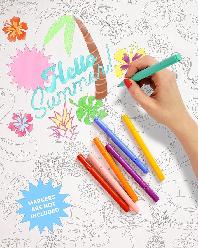 xo, Fetti Pool Party Paper Coloring Tablecloth - 9' x 4.5' | Summer Tablescape, Palm Tree Dinner Party Setting, Kids Birthday Decoration, Cute Tablecover, Beach Table DIY