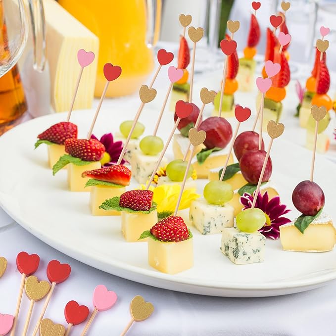 JtmyAota 100 Pack Heart-Shaped Bamboo Cocktail Picks, 4.7" Heart Toothpicks for Appetizers, Natural Bamboo Food Picks for Valentines Wedding Birthday Party Decoration