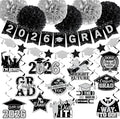 Black and Silver Graduation Decorations 2026, 2026 Grad Banner and Congrats Grad Hanging Swirls, Silver Graduation Banner Graduations Hanging Swirls College Graduations Party Decorations Class of 2026