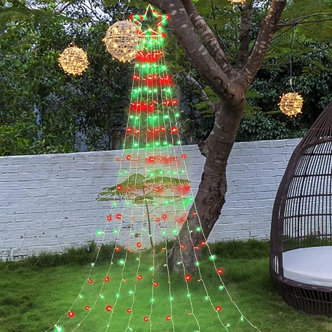 Christmas Decorations Star String Lights, 320 LEDs Outdoor Waterfall Tree Lights with 13" Topper Star, Plug in Waterproof Hanging Fairy Lights for Xmas New Year Holiday Party Yard Decor