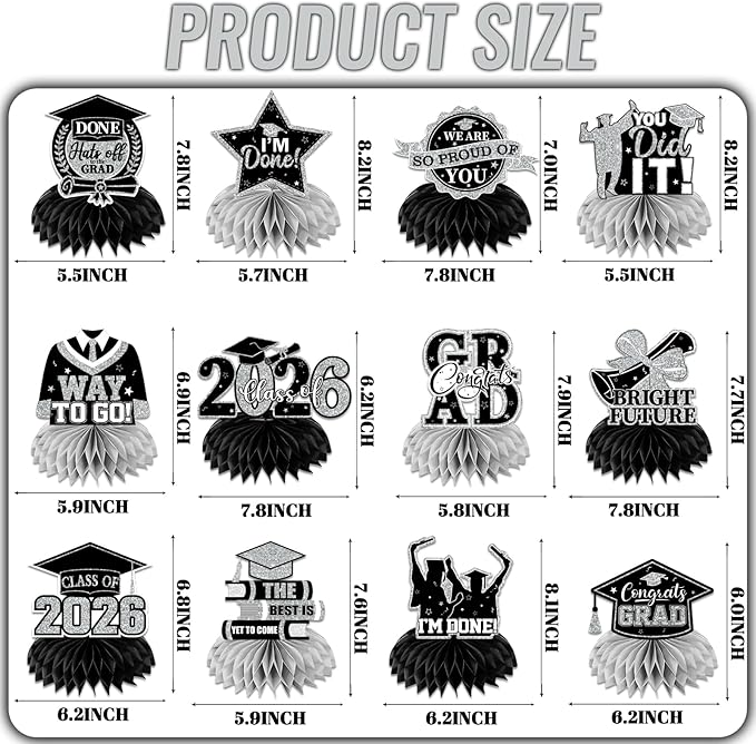 12pcs Graduation Table Decorations,Black Silver Graduation Decorations 2026 Graduation Centerpieces for Tables,Class of 2026 Centerpieces Honeycomb for Congrats Grad Table Decor(Black)