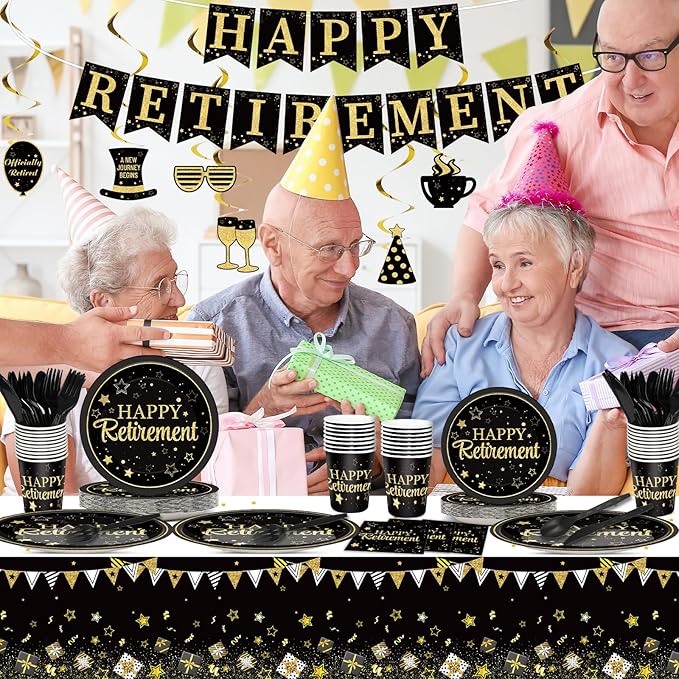 184pcs Happy Retirement Party Supplies, Black Gold Happy Retirement Plates Napkins Cups Tablecloth Swirls Banner Tableware Kit, Disposable Farewell Party Decorations Favors, Serve 25 Guests