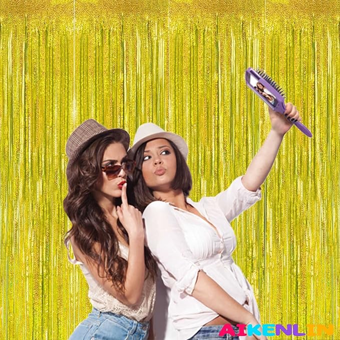 4 Pack 3.2Ft x 8.2Ft Gold Foil Fringe Curtain Backdrop, Metallic Tinsel Foil Fringe Streamers Curtains Background for Photo Booth, Birthday, Wedding, Disco, Bachelorette, Christmas Party Decoration