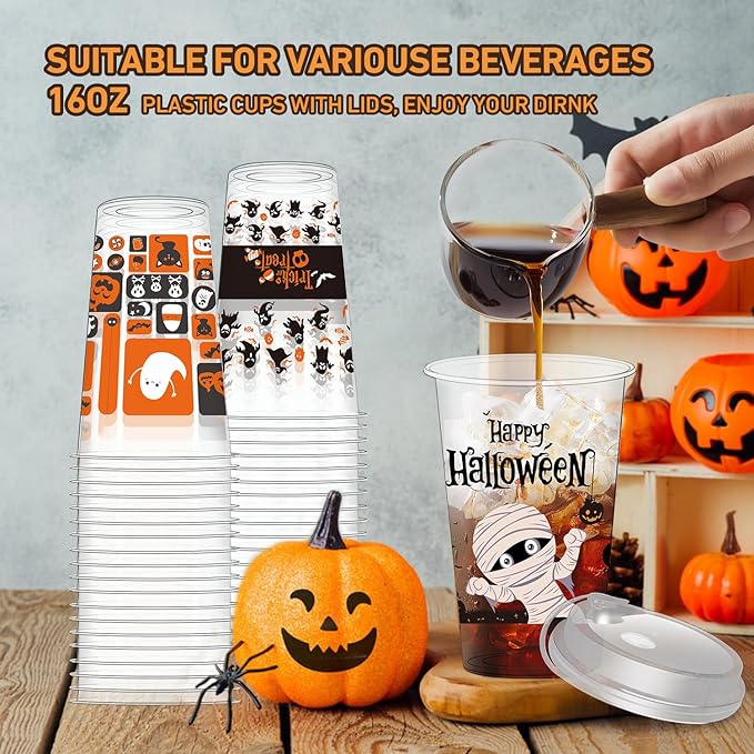 50 Pcs Halloween Plastic Cups 16oz Disposable Clear Drinking Cup with Lids,4 Style Patterns for Hot and Cold Drinks, Coffee, Beer, Drinks, Ice Cream, Trick or Treat Halloween Party Decoration Supplies