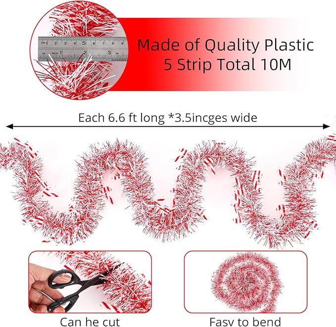 33ft Christmas Tinsel Candy Cane Hanging Garland for Tree & Fireplace Decoration