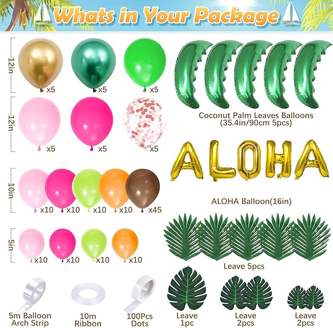 178Pcs Tropical Luau Balloons Arch Garland Kit Hawaiian Party Decorations with Coconut Balloon Tree, Aloha Foil Balloons, Palm Leaves, Kids Adult Summer Beach Pool Luau Birthday Party Decorations