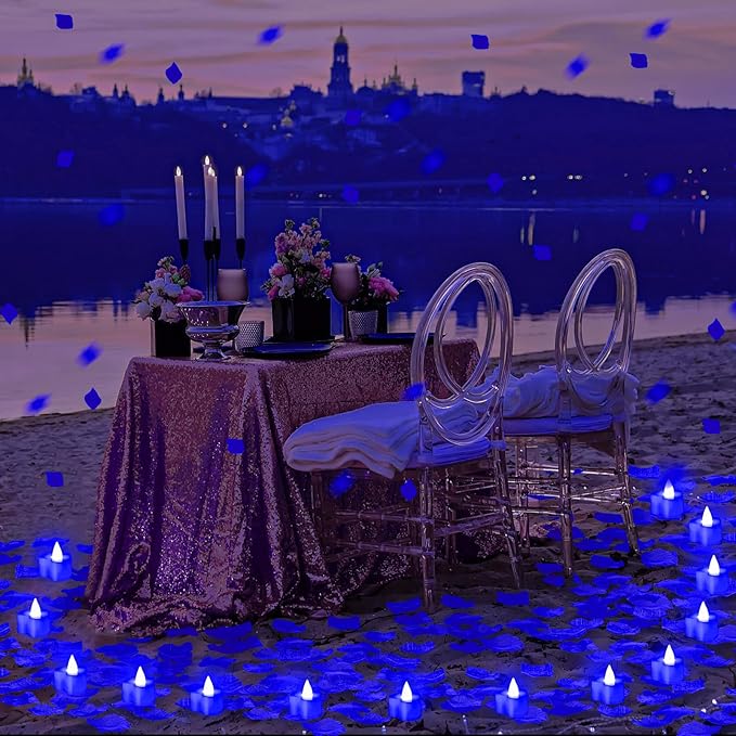 VIHOSE 4000 Pcs Artificial Rose Petals with 24 Pcs LED Tea Lights Candles Flameless LED Candles Fake Rose Petals for Wedding Birthday Party(Blue Light, Blue Petal)