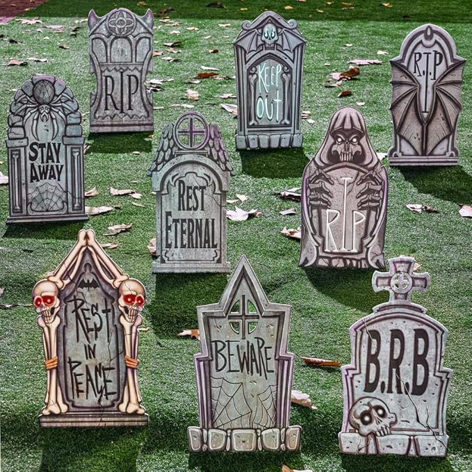 JOYIN 16" 9 Pcs Halloween Tombstones Decorations Outdoor Graveyard Decor, Yard Lawn Cemetery Plastic Headstones with 18 Metal Stakes for Halloween Indoor Prop Decorations, Party Decor Supplies