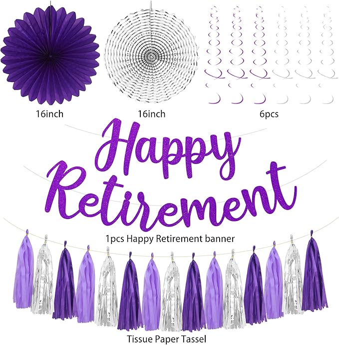 Roetyce Retirement Party Decorations Women, Purlpe Glitter Happy Retirement Banner Paper Fans Pompoms Kit, Office Retired Party Supplies for Coworker Friends, Funny Legend Has Retired Photo Backdrop