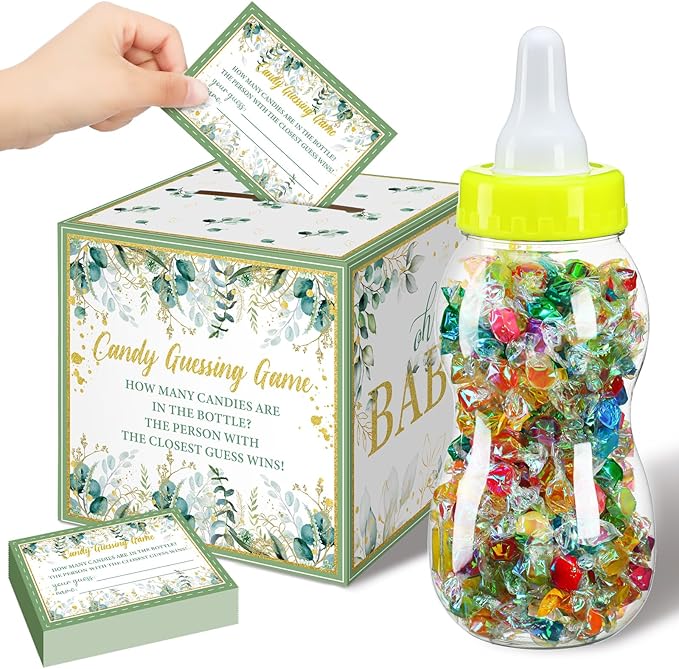 Glenmal 52 Pcs Baby Shower Games Gift Sets Large Baby Bottle for Shower Game Guess How Many Candies Decorations for Gender Reveal(Leaf)
