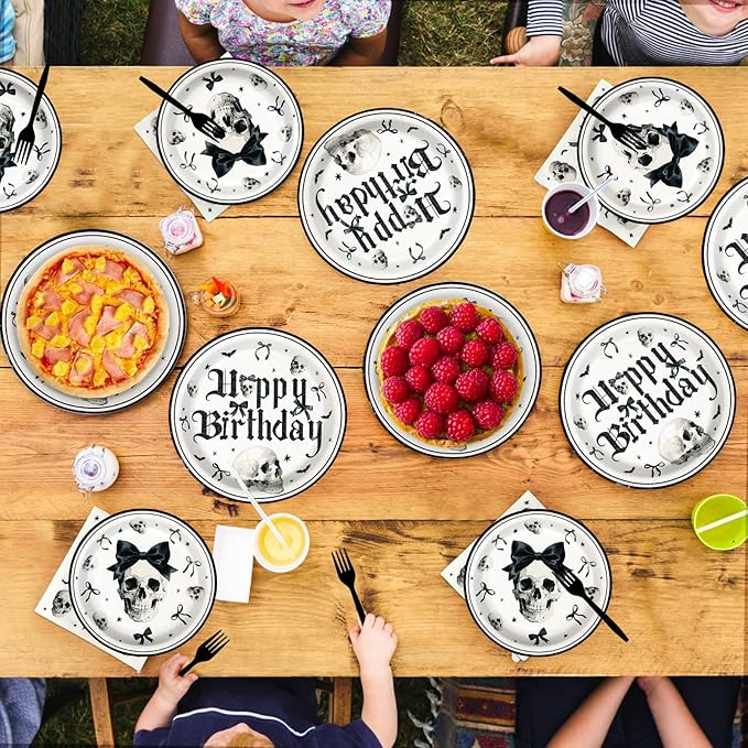 Grencian 96Pcs Gothic Birthday Party Supplies Goth Skeleton Birthday Paper Plates and Napkins Tableware Sets Black Bow Skull Decorations Favors for Kids Girls Halloween Horror Bday Party Serves 24