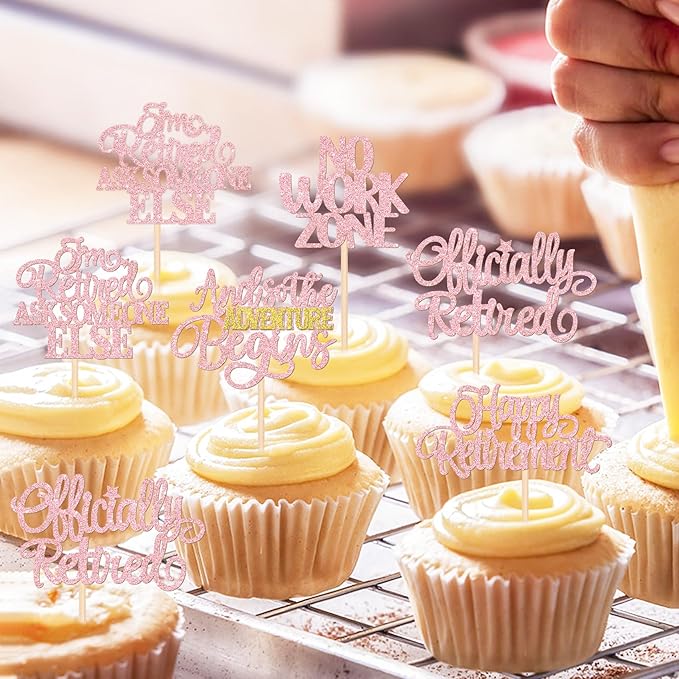30 PCS Happy Retirement Cupcake Toppers Officially Retired Cupcake Picks No Work Zone Adventure Begins Cake Decorations for Retirement Theme Farewell Birthday Party Decor Supplies Pink