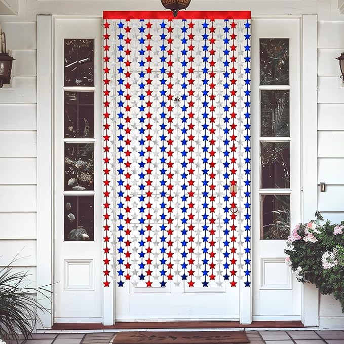 4th of July Decorations 3 Pack Foil Fringe Garland Tinsel Curtains, Red White Blue Hanging Fringe Backdrop Banner, Photo Booth Prop for Patriotic Party Decor (Star 3)
