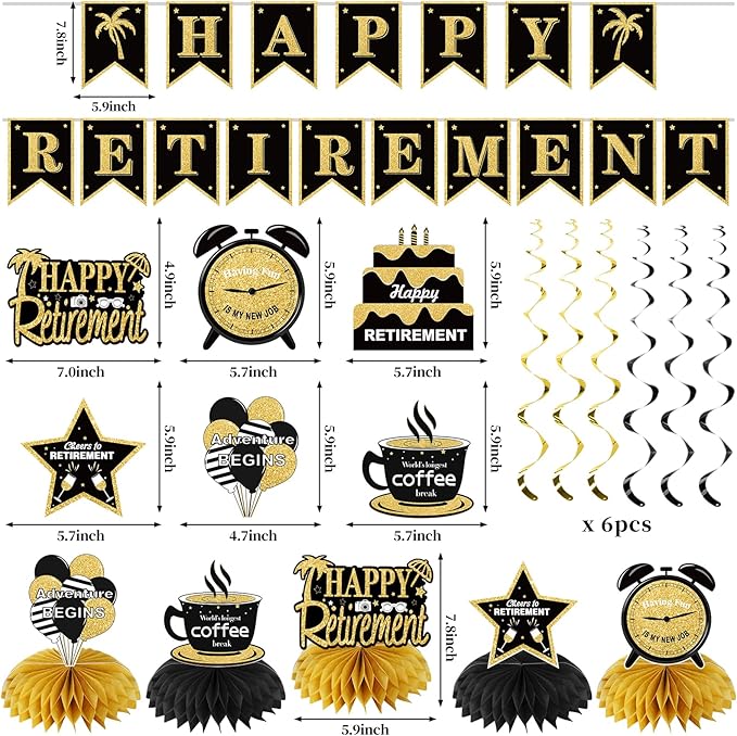 20PCS Happy Retirement Party Decorations Kit for Men Women, Kuxriox Black Gold Retirement Backdrop Balloon Honeycomb Centerpiece Swirl Paper Pompom Party Supplies, Retired Sash Table Topper Swirls Set