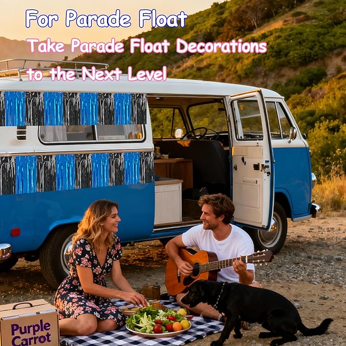 4 Packs Total 39 Ft Graduation Parade Floats for Trailer Car, Black Royal Blue Foil Fringe Garland Tinsel Streamers Banner Table Skirts for Graduation Homecoming Birthday Party(Black Blue)