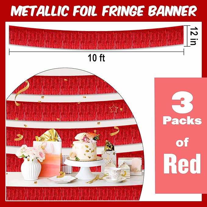 3 Pack 10 Ft Red Foil Fringe Garland Metallic Streamers Tinsel Banner Wall Hanging Garland Backdrop for Parade Floats, Halloween, Christmas, Thanksgiving, New Year Party Decorations