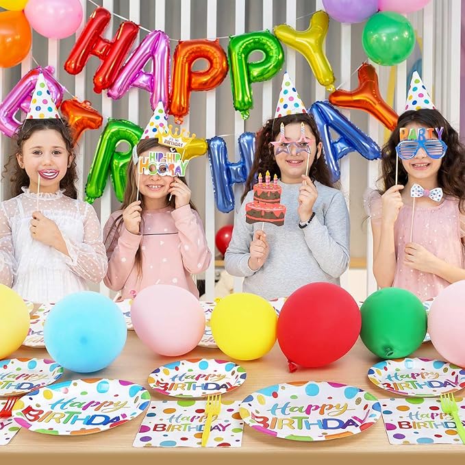 Multicolor Birthday Decorations Plates Set for 25 Guests, 100 Pieces Birthday Paper Plates Napkins Forks with Colorful Dots Design Tableware for Kids Boys Girls