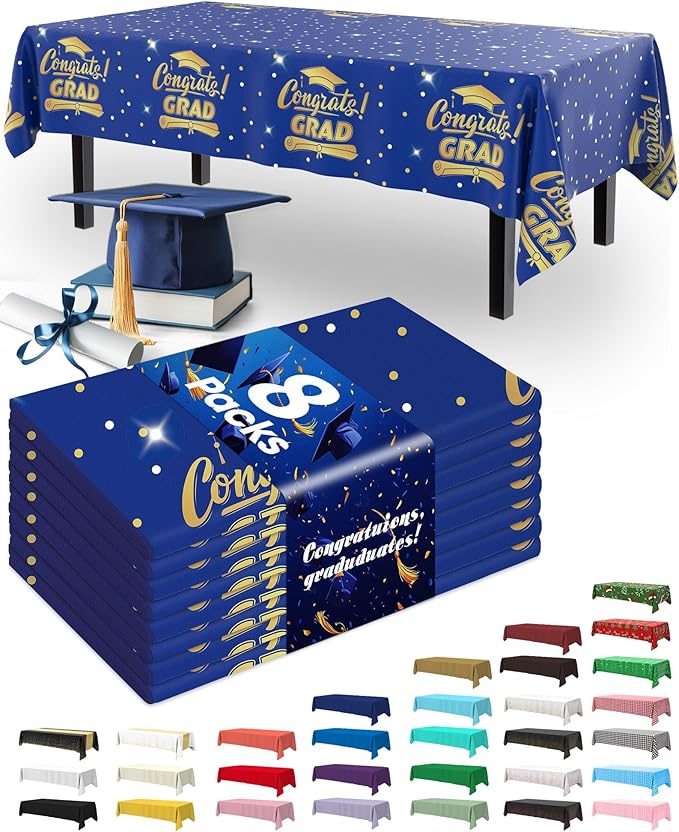 Pureegg Graduation Decorations 2026 Plastic Tablecloth Disposable 8 Pack, Class of 2026 Rectangle Table Cover 54 x 108 Inch, Sturdy Leakproof Plastic Table Cloth for Graduation Party, Picnic, Blue