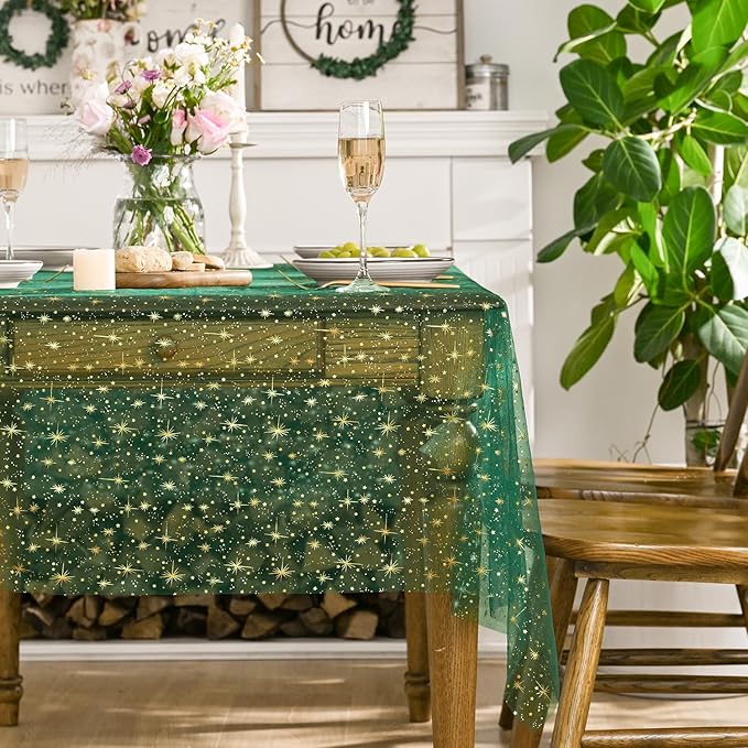 Horaldaily Green Gold Sparkling Star Gauze Tablecloth 60x84 Inch Rectangular, Golden Star Sequin Glitter Metallic Foil, Sheer Tulle Cheesecloth for Wedding Baby Shower Party