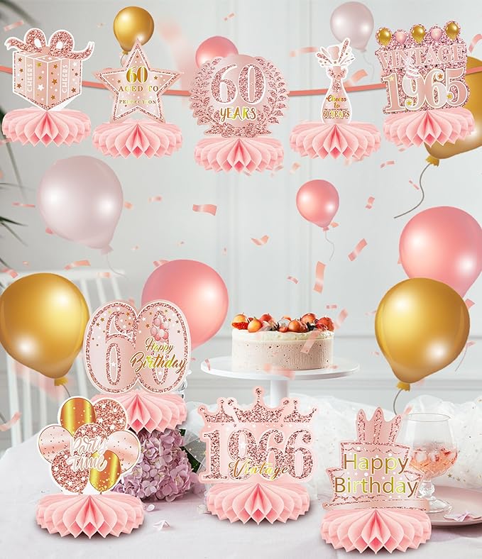 9 Pcs 60th Birthday Decoration for Women Happy 60th Birthday Table Honeycomb Decorations Rose Gold Pink Centerpieces Tables Toppers1965 Decor Cheers to 60 Years Old Birthday Party Favors