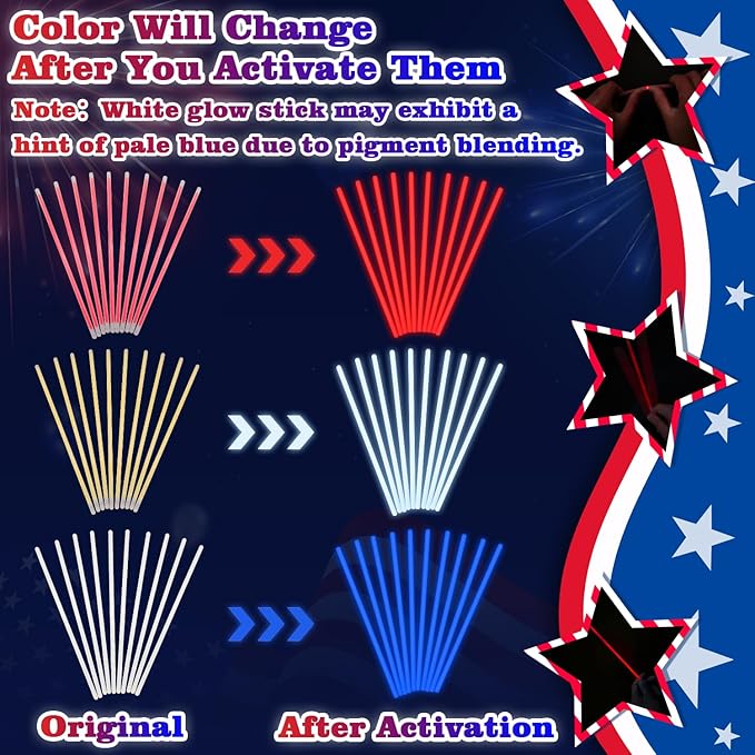 Bulk Fourth of July Red White Blue Glow Sticks 500 PCS, Patriotic Light Up Bracelets Necklaces Accessories for Kids, Glow Party Favors Supplies Decorations for 4 of July Parade, Birthday, Pool