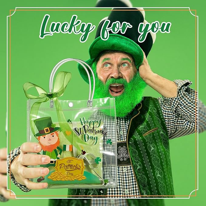 Henoyso 12 Pcs St. Patrick's Day Clear Gifts Bag Plastic Shamrock Party Favor Bags with Handles and Ribbon Green Lucky Clover Gift Bags 7.8 x 7.8 x 3.1 PVC Totes for Irish Goodie Treat Gift Wrap